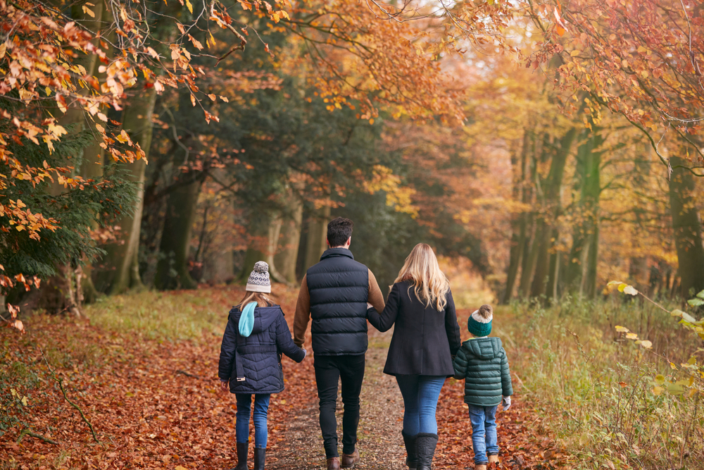 Rear,View,Of,Family,Walking,Arm,In,Arm,Along,Autumn